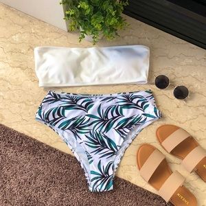 NWOT Rib-Knit Bandeau W/ Leaf Print Bikini Set
